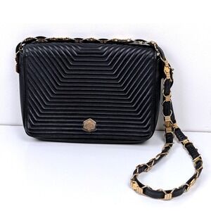 Revillon Paris Vintage Black Quilted Leather Shoulder Bag Made in France Gold